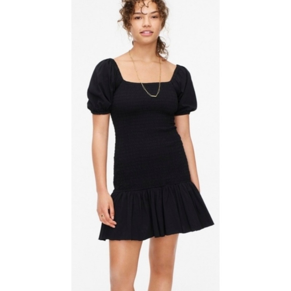 J. Crew Black Smocked‎ Puff Sleeve Mini Dress Square Neck Ruffle Hem Medium